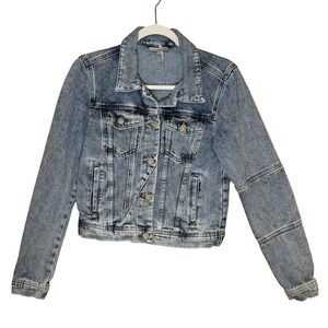 Free People Denim Jacket Medium Trucker Blue Acid Wash Cropped Streetwear